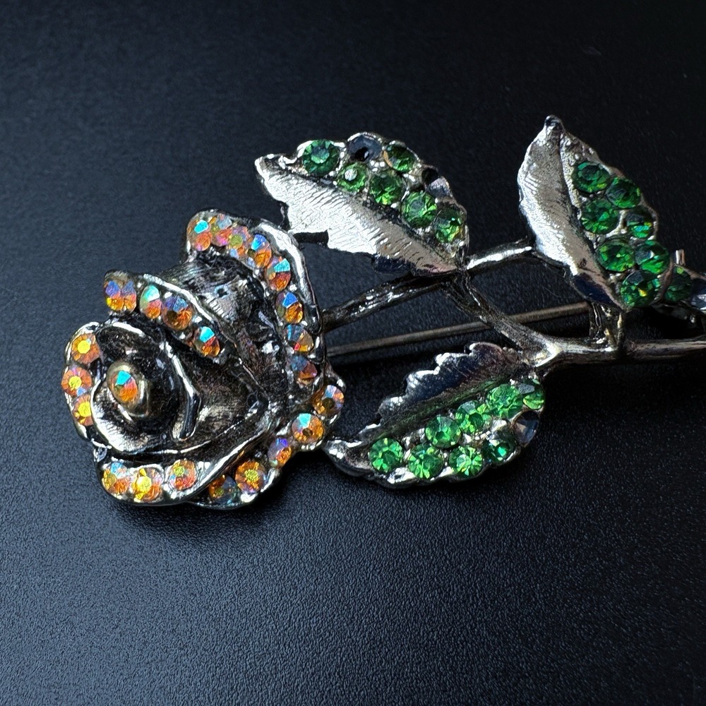 Vintage Rose Brooch Scarf Pin Aurora Borealis Green Rhinestones Silver Tone MCM